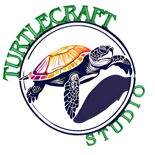 Logo of Turtlecraft Studio with a colorful turtle design on a transparent background