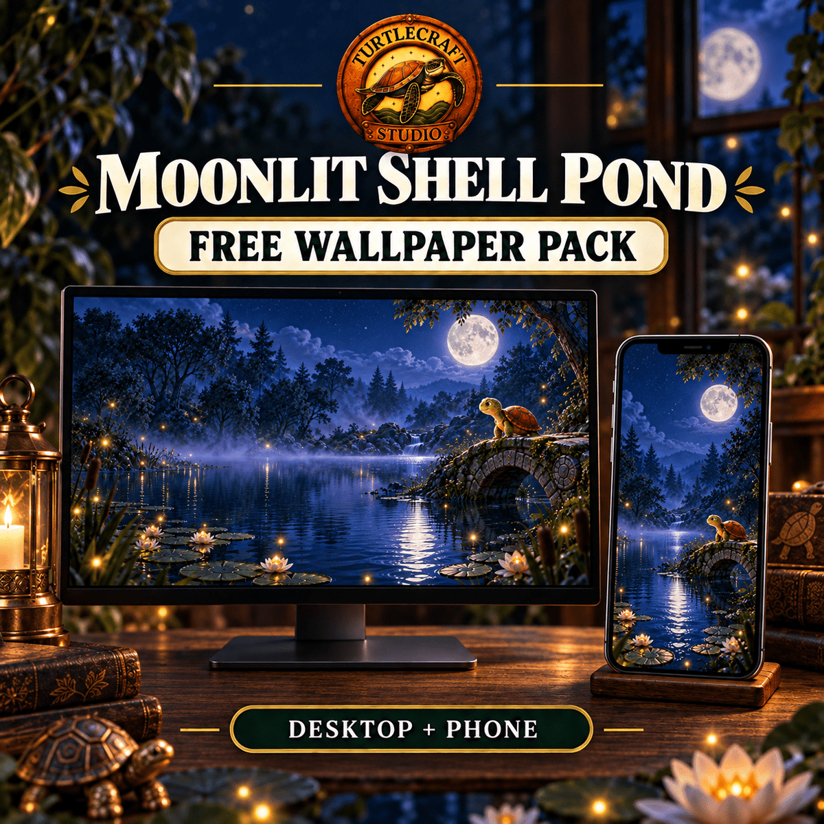 Moonlit Shell Pond — Free Wallpaper Pack - TurtleCraft Studio | TurtleCraft Studio