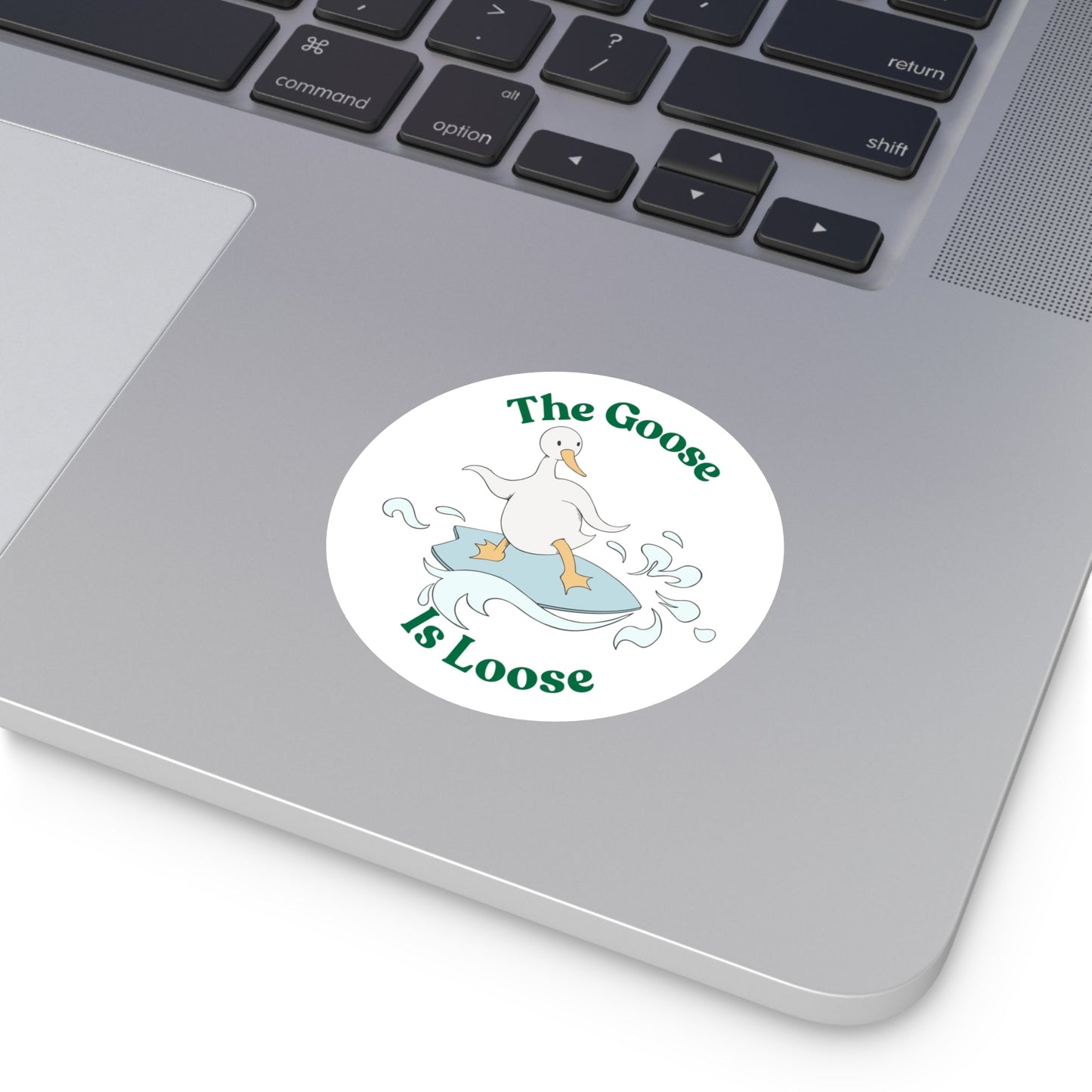 "The Goose Is Loose" – Funny Surfing Goose Round Sticker - TurtleCraft Studio | TurtleCraft Studio