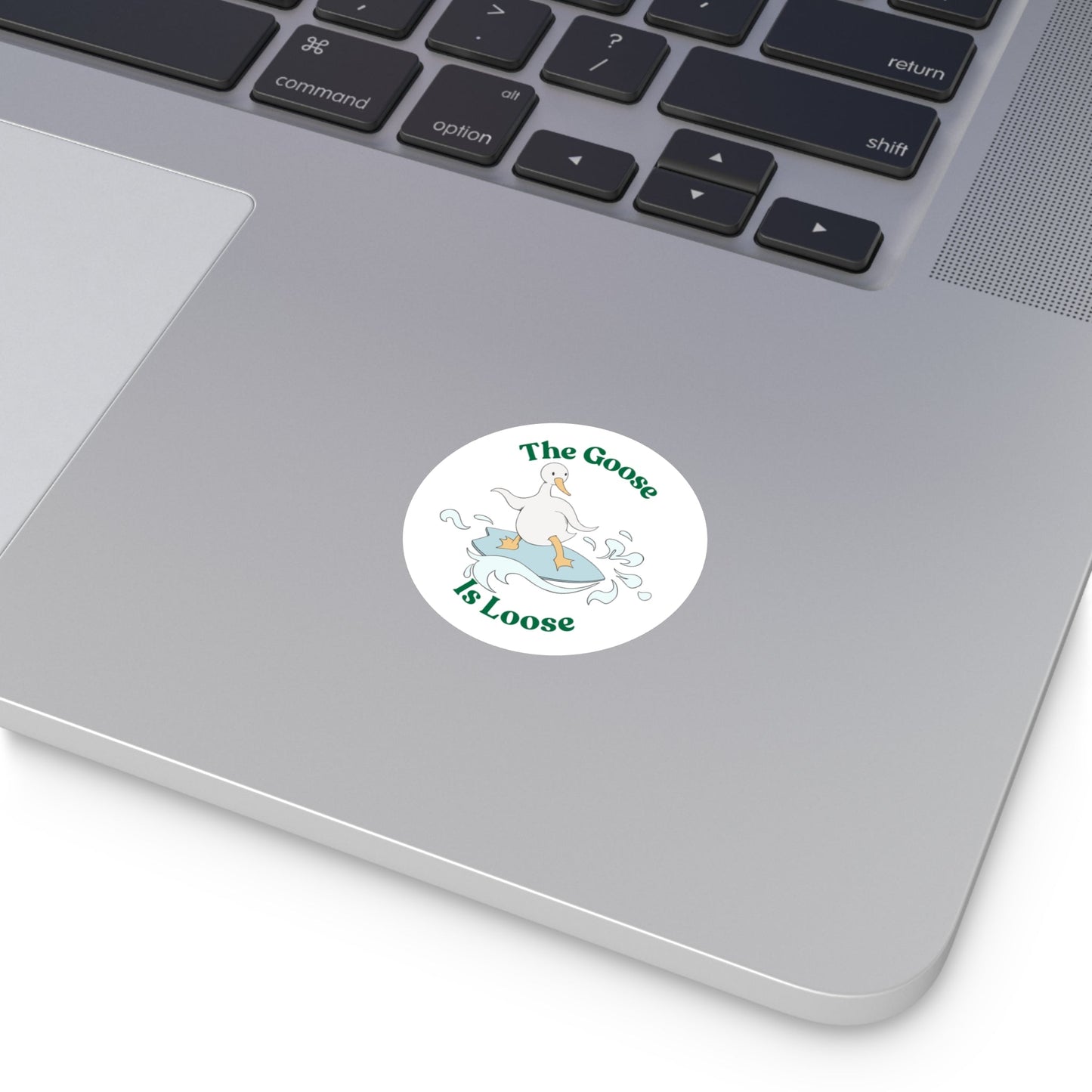"The Goose Is Loose" – Funny Surfing Goose Round Sticker - TurtleCraft Studio | TurtleCraft Studio