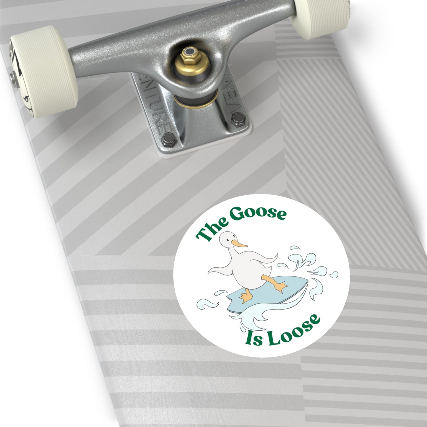 "The Goose Is Loose" – Funny Surfing Goose Round Sticker - TurtleCraft Studio | TurtleCraft Studio