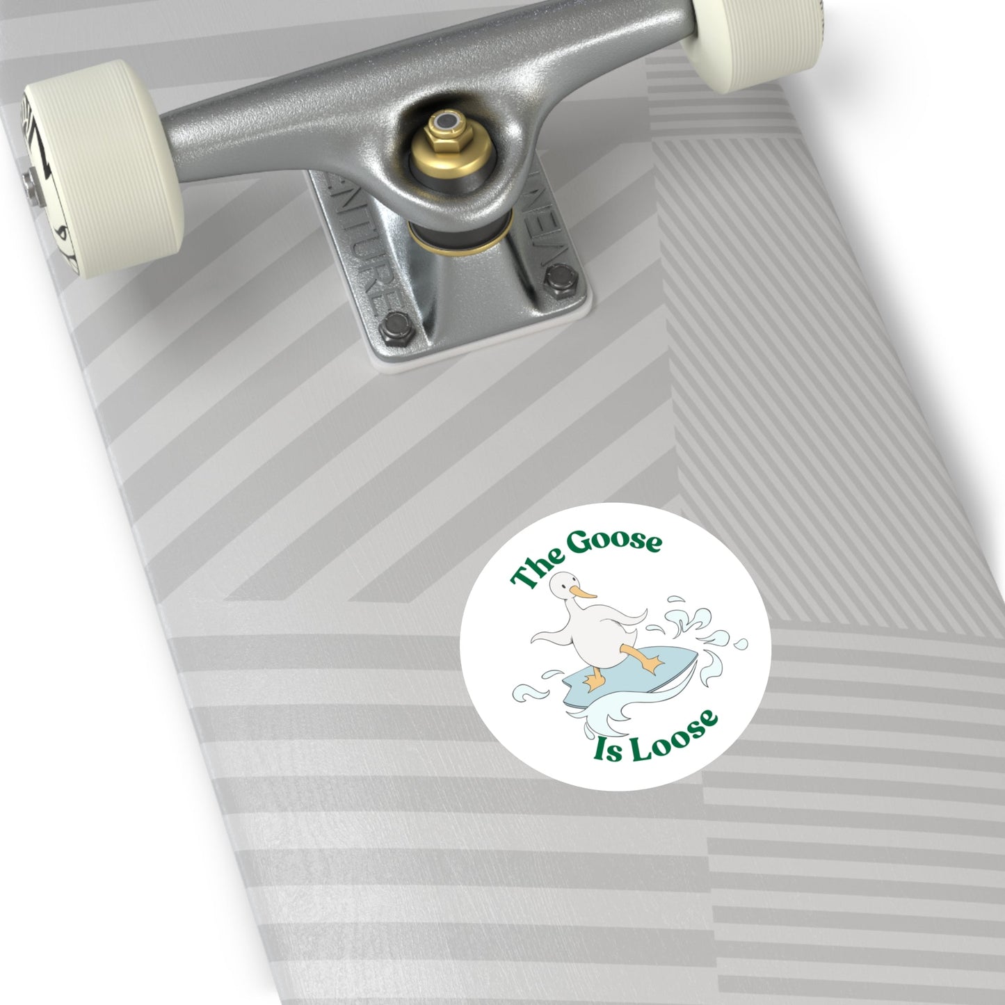 "The Goose Is Loose" – Funny Surfing Goose Round Sticker - TurtleCraft Studio | TurtleCraft Studio