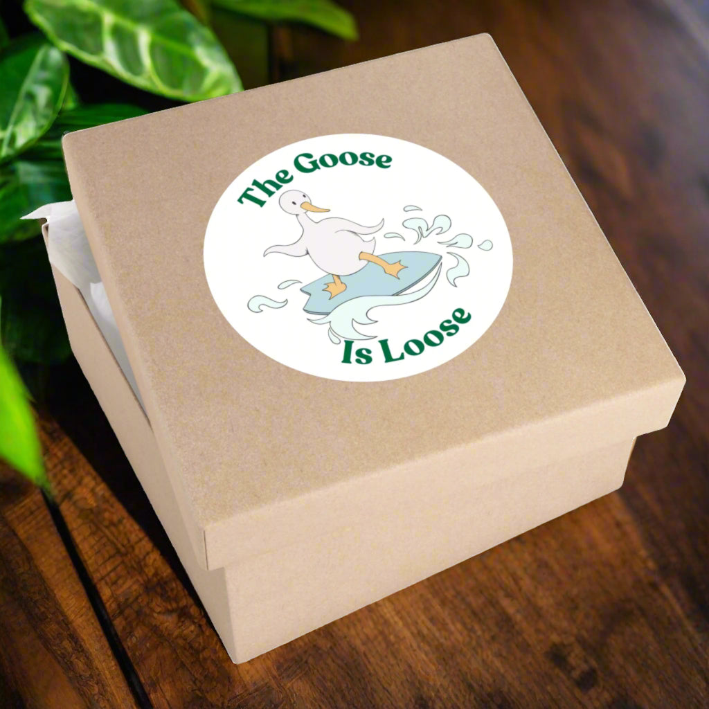 "The Goose Is Loose" – Funny Surfing Goose Round Sticker - TurtleCraft Studio | TurtleCraft Studio
