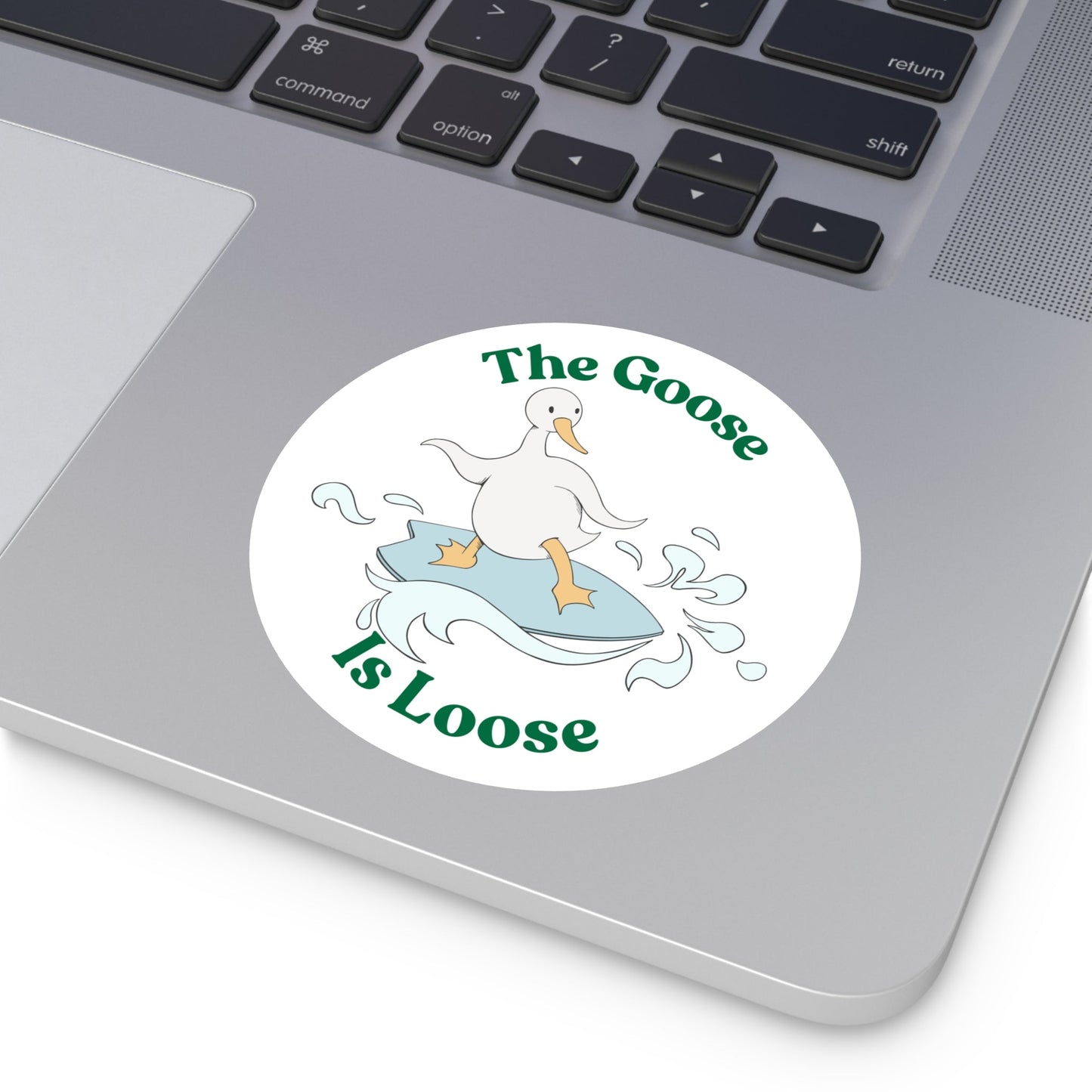 "The Goose Is Loose" – Funny Surfing Goose Round Sticker - TurtleCraft Studio | TurtleCraft Studio