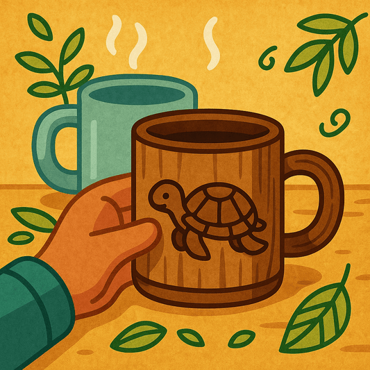 First Press blog post Wooden mug with a turtle carved; normal mug behind; hand grabbing the mug, playful/whimsical