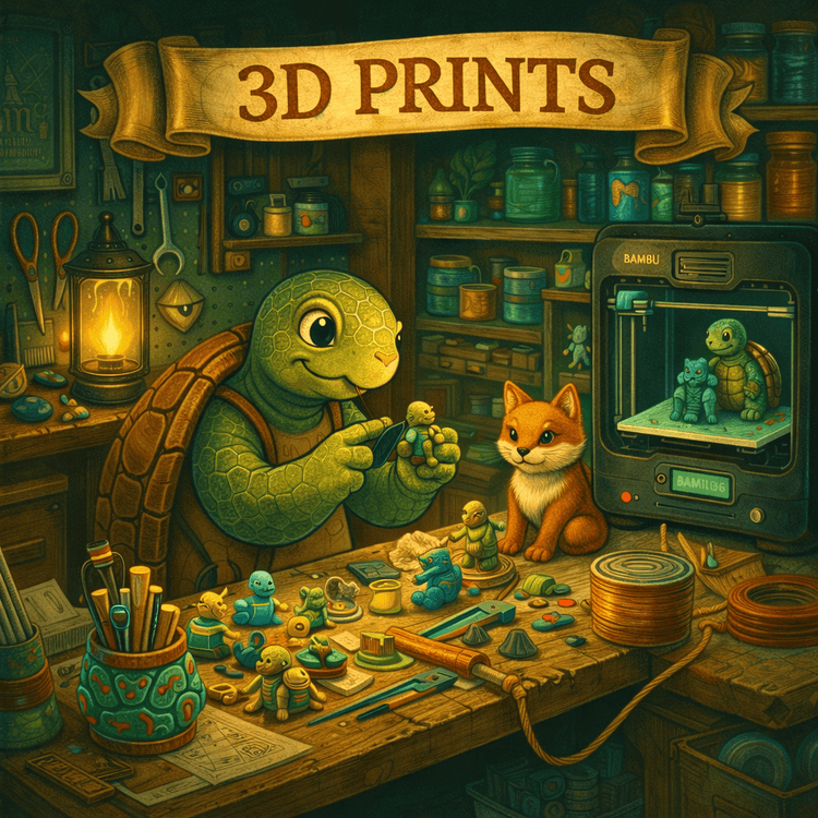 TurtleCraft-style illustration of a cozy workshop showcasing handmade 3D printed creations.