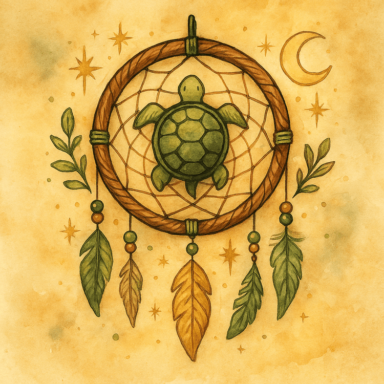 Whimsical dreamcatcher with a turtle.