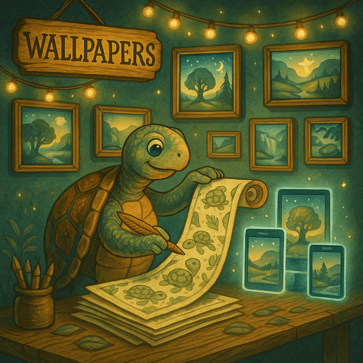 Whimsical turtle drawing up wallpapers with devices on a desk.