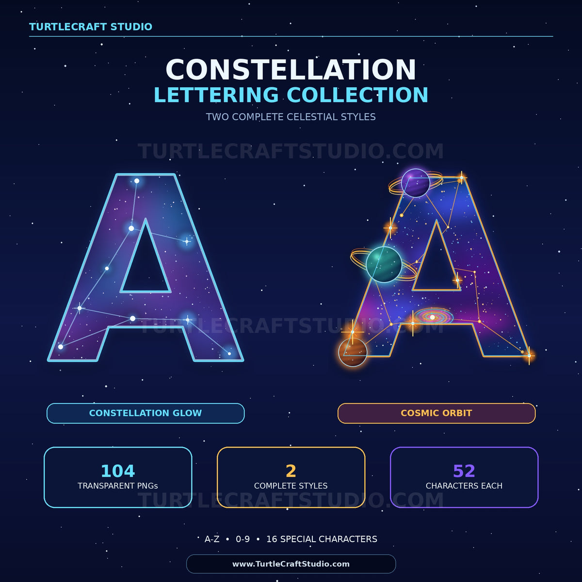 A promotional graphic for a digital product, 'Constellation Lettering Collection' by Turtlecraft Studio. It displays two neon letter 'A' designs filled with starry constellations and planets on a dark starry background, with text detailing the package contents: 104 transparent PNGs, 2 complete styles, and 52 characters each.