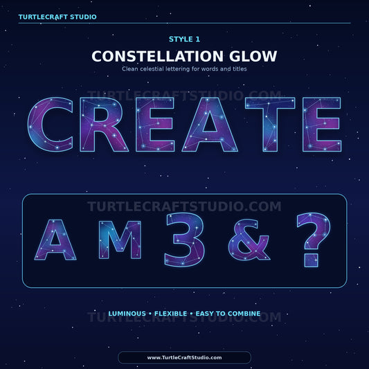 Digital preview of a glowing starry lettering effect shown in the word 'CREATE' and the numbers/symbols 'AM3&?'. The letters glow with a purple and blue galaxy pattern against a dark starry background.