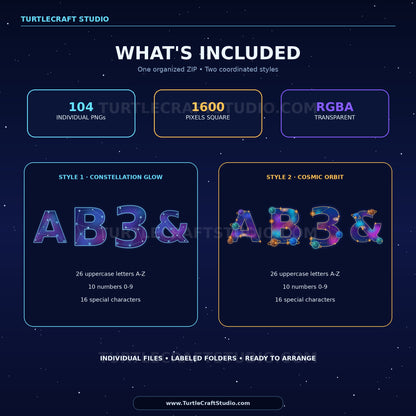 A promotional graphic for a digital alphabet art bundle by Turtlecraft Studio, showing a dark starry background with text and four colored panels detailing included PNG files, pixel-square assets, transparency, and two style options: Constellation Glow and Cosmic Orbit.