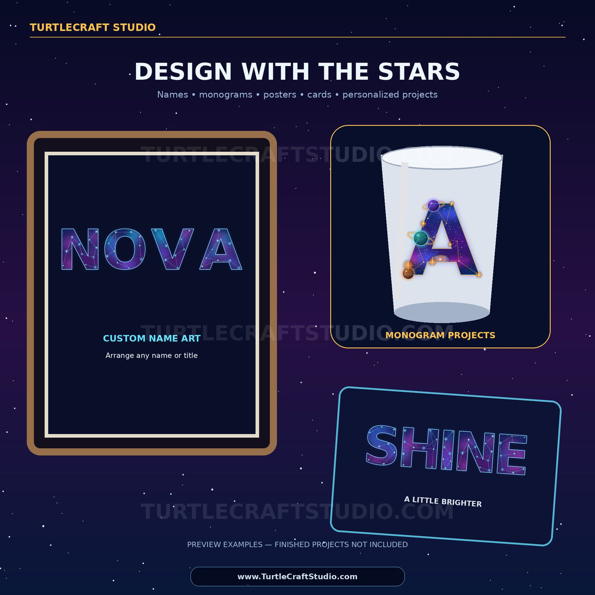 A promotional graphic for a custom name art product by Turtlecraft Studio, showing three example designs on a dark starry background: a framed print reading 'NOVA,' a white cup with a colorful monogram letter 'A,' and a rounded rectangle sign reading 'SHINE.' The text says 'Design with the stars' and indicates personalized projects such as names, monograms, posters, and cards.