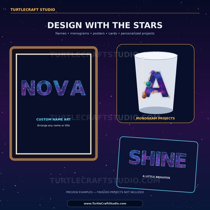 A promotional graphic for a custom name art product by Turtlecraft Studio, showing three example designs on a dark starry background: a framed print reading 'NOVA,' a white cup with a colorful monogram letter 'A,' and a rounded rectangle sign reading 'SHINE.' The text says 'Design with the stars' and indicates personalized projects such as names, monograms, posters, and cards.