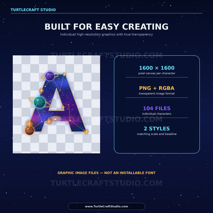 Promotional graphic for a digital font/design asset pack titled 'A' by Turtlecraft Studio, showing a stylized letter A with a galaxy/nebula design on a transparent checkerboard background, alongside feature text including 1600 x 1600 pixel canvas, PNG + RGBA transparent image format, 104 files, and 2 styles.