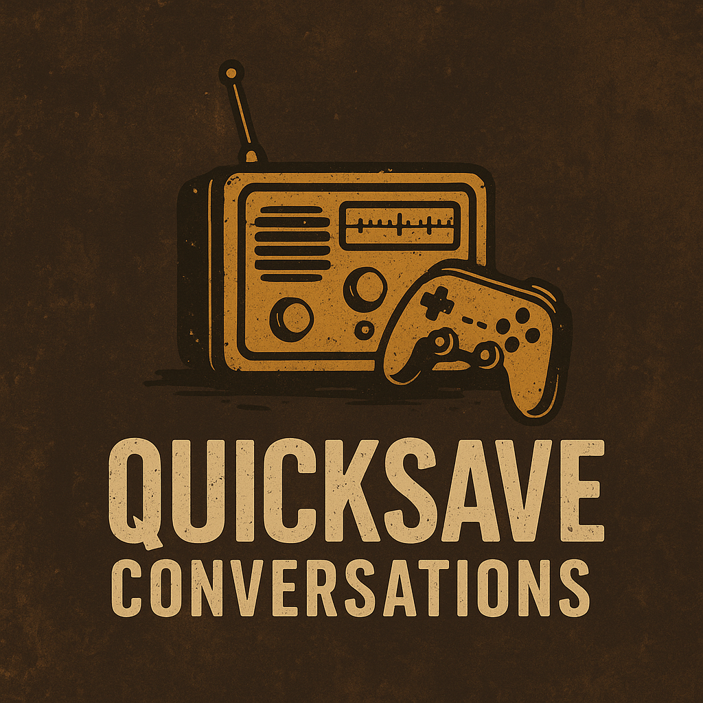 Logo with a radio and gaming controller on a brown background, featuring the text 'QUICKSAVE CONVERSATIONS'.