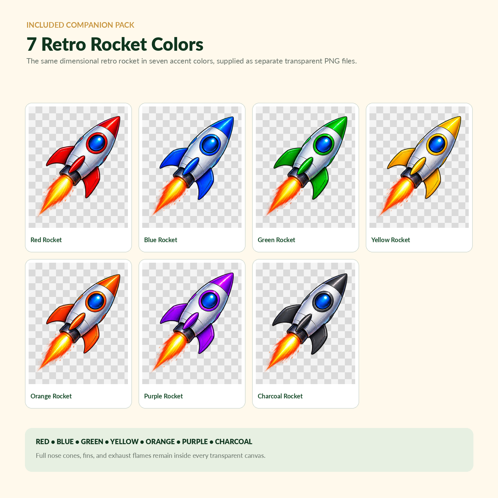 A digital graphic showing seven retro rocket illustrations in different colors, labeled Red Rocket, Blue Rocket, Green Rocket, Yellow Rocket, Orange Rocket, Purple Rocket, and Charcoal Rocket. Text at the top reads '7 Retro Rocket Colors' and says the pack includes separate transparent PNG files.