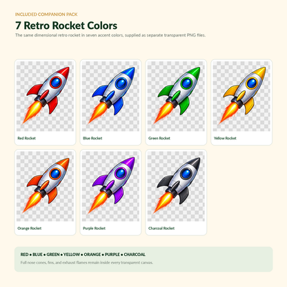 A digital graphic showing seven retro rocket illustrations in different colors, labeled Red Rocket, Blue Rocket, Green Rocket, Yellow Rocket, Orange Rocket, Purple Rocket, and Charcoal Rocket. Text at the top reads '7 Retro Rocket Colors' and says the pack includes separate transparent PNG files.