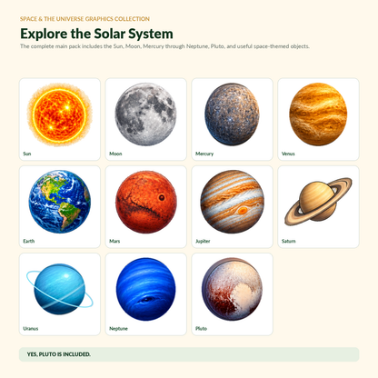 A product cover for a space and universe graphics collection pack titled 'Explore the Solar System'. The cover features a grid of twelve labeled solar system illustrations, including the Sun, Moon, Mercury, Venus, Earth, Mars, Jupiter, Saturn, Uranus, Neptune, Pluto, and a note saying 'YES, PLUTO IS INCLUDED'.