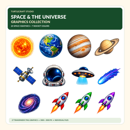 A digital graphic collection preview titled 'SPACE & THE UNIVERSE GRAPHICS COLLECTION' by Turtlecraft Studio, showing multiple space-themed illustrations including a sun, Earth, Jupiter, Saturn, a satellite, an astronaut helmet, a UFO, a shooting star, a galaxy, and several colorful rockets on a cream background with a dark green header.