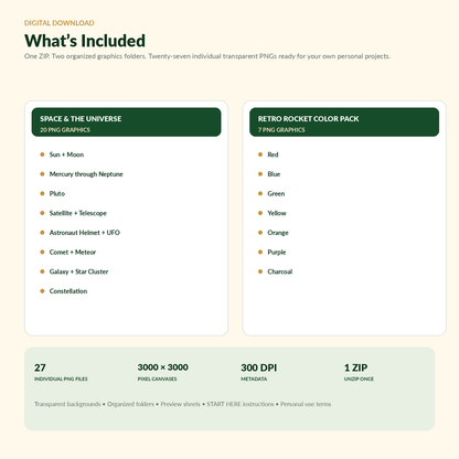 A digital download listing graphic showing included contents for a zip folder of transparent PNG graphics. The layout has a cream background with dark green and black text, two large white cards listing 'Space & the Universe' and 'Retro Rocket Color Pack' graphics, and a green footer with file details: 27 individual PNG files, 1200 x 1200 pixels, 300 DPI, and a 1 ZIP file.