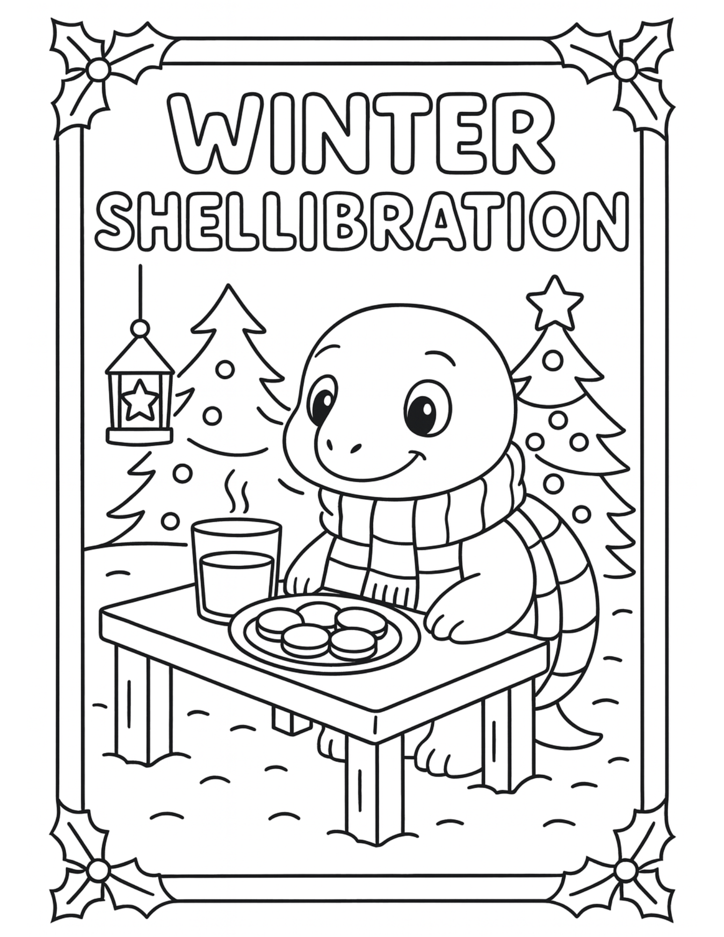 Coloring page with a turtle character in a winter scene, drinking hot chocolate and eating cookies.