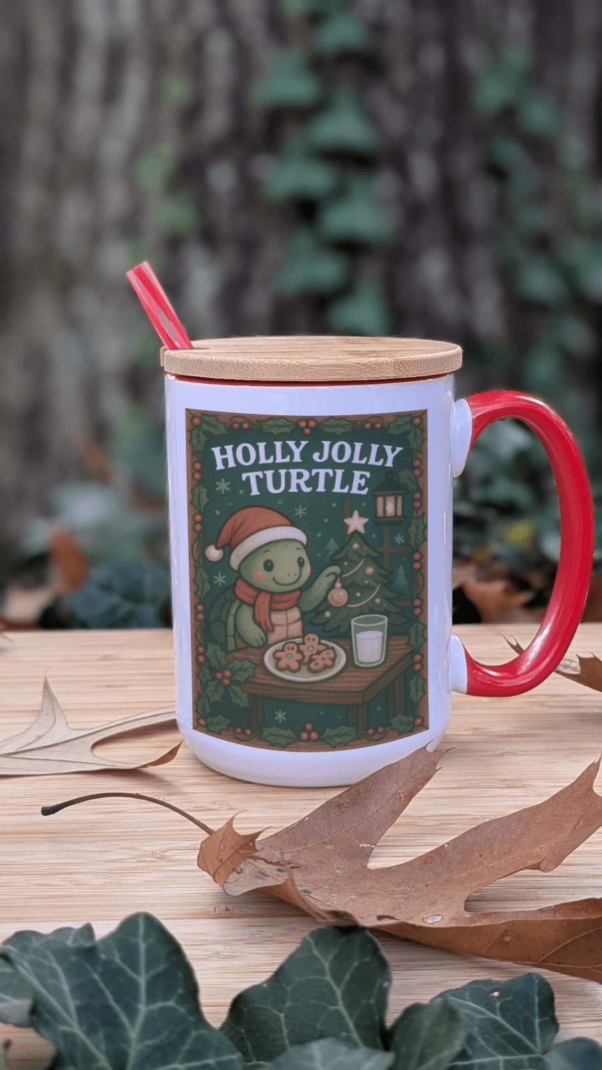 Mug with 'Holly Jolly Turtle' design on a wooden surface with leaves.