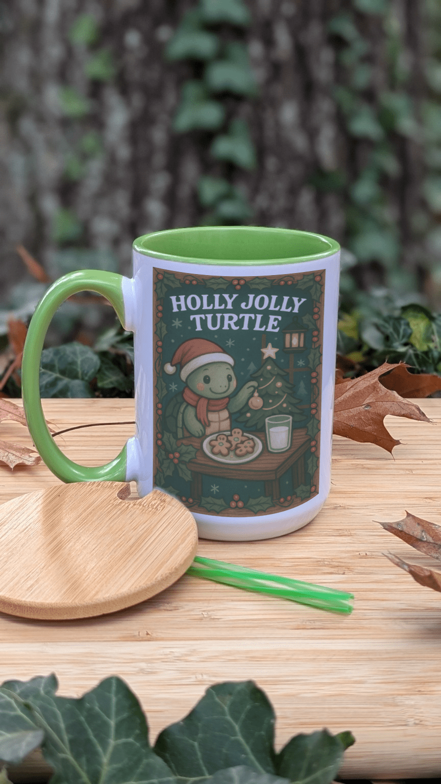 Mug with 'Holly Jolly Turtle' design on a wooden surface with a natural background