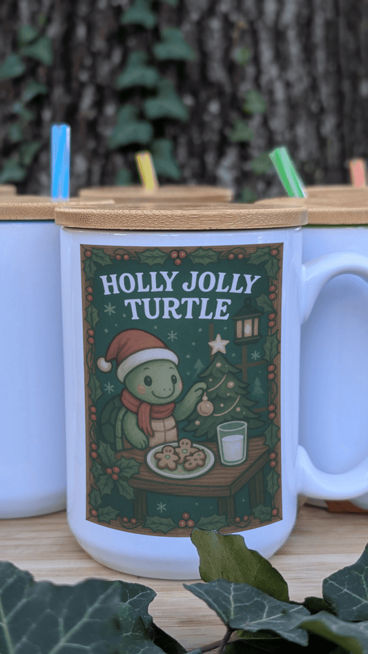 White mug with a Christmas-themed design featuring a turtle, tree, and gift, labeled 'Holly Jolly Turtle'.