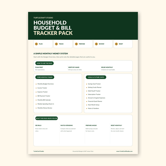 Household Budget & Bill Tracker Pack - TurtleCraft Studio | TurtleCraft Studio