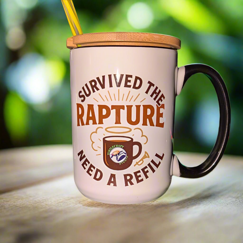 Survived the Rapture – 15oz Black Handle Ceramic Mug with Bamboo Lid & Reusable Straw - TurtleCraft Studio | TurtleCraft Studio