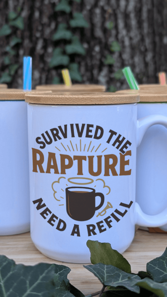 Survived the Rapture – 15oz Ceramic Mug with Bamboo Lid & Straw - TurtleCraft Studio | TurtleCraft Studio