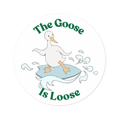 "The Goose Is Loose" – Funny Surfing Goose Round Sticker - TurtleCraft Studio | TurtleCraft Studio