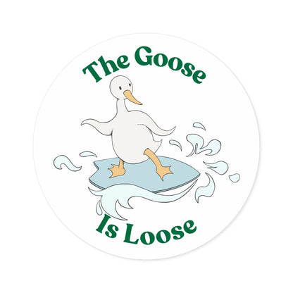 "The Goose Is Loose" – Funny Surfing Goose Round Sticker - TurtleCraft Studio | TurtleCraft Studio
