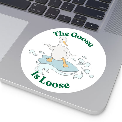 "The Goose Is Loose" – Funny Surfing Goose Round Sticker - TurtleCraft Studio | TurtleCraft Studio