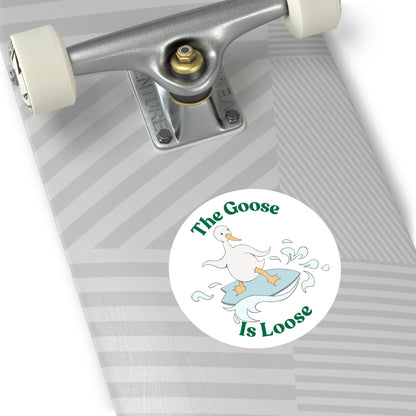 "The Goose Is Loose" – Funny Surfing Goose Round Sticker - TurtleCraft Studio | TurtleCraft Studio