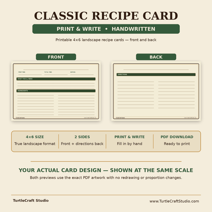TurtleCraft Classic Recipe Cards – Print & Write + Type & Print 4×6 Set - TurtleCraft Studio | TurtleCraft Studio