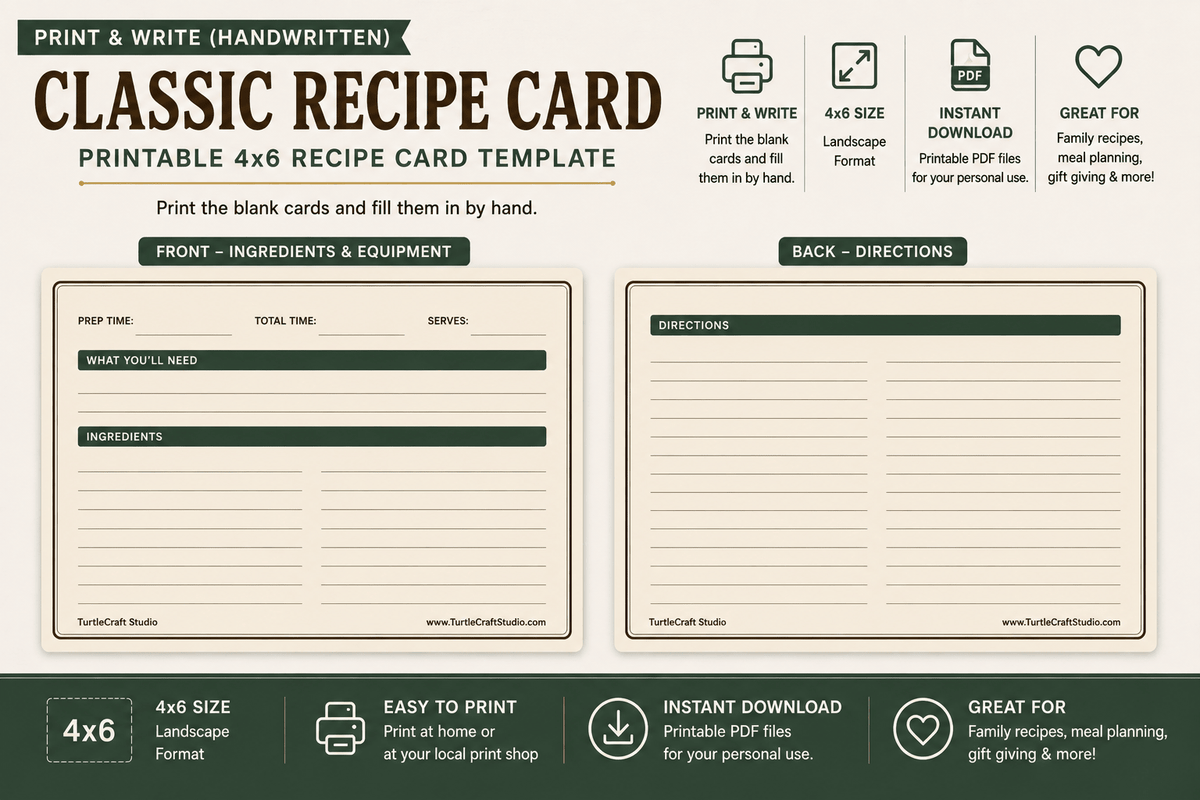 TurtleCraft Classic Recipe Cards – Print & Write + Type & Print 4×6 Set - TurtleCraft Studio | TurtleCraft Studio