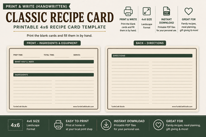 TurtleCraft Classic Recipe Cards – Print & Write + Type & Print 4×6 Set - TurtleCraft Studio | TurtleCraft Studio