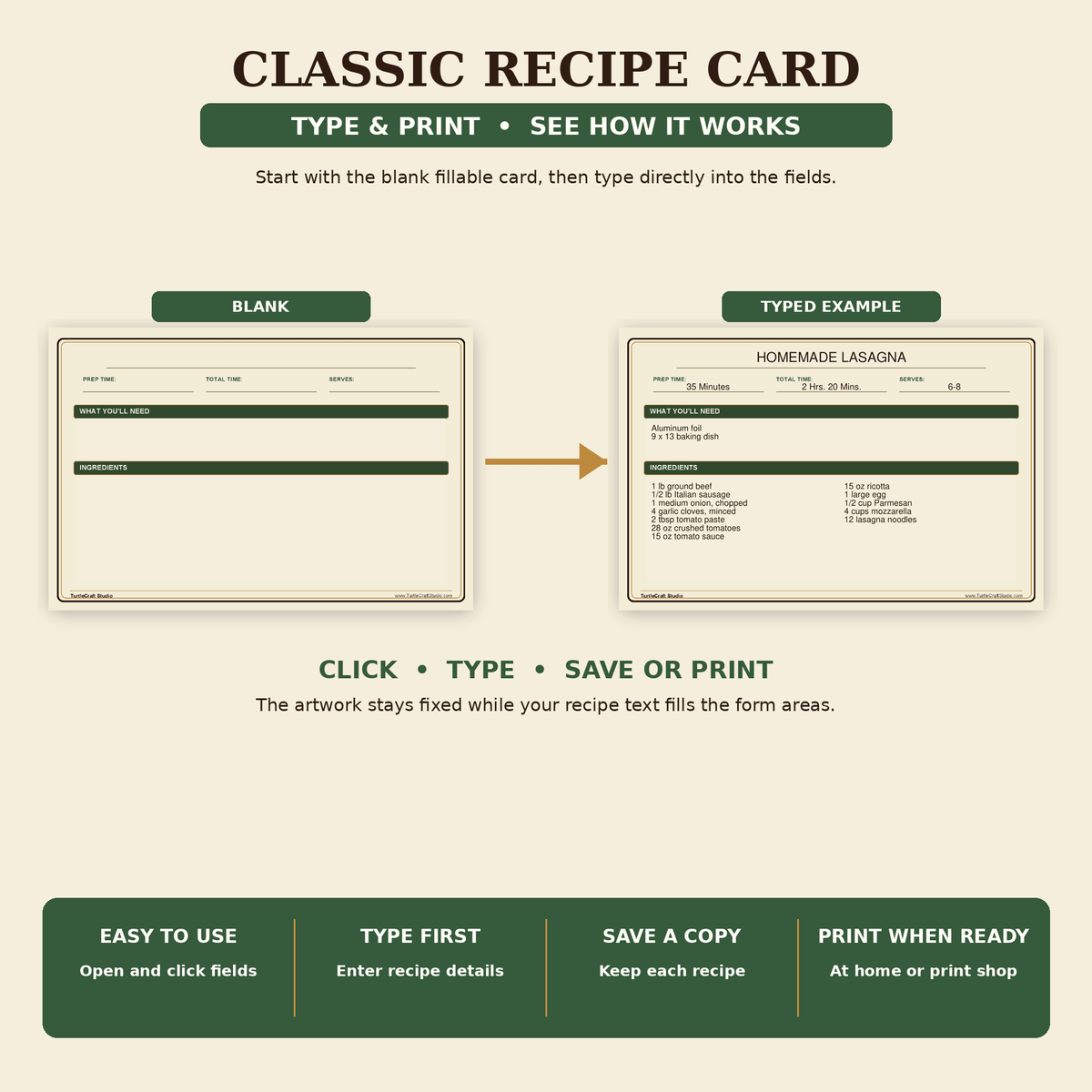 TurtleCraft Classic Recipe Cards – Print & Write + Type & Print 4×6 Set - TurtleCraft Studio | TurtleCraft Studio