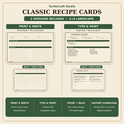 TurtleCraft Classic Recipe Cards – Print & Write + Type & Print 4×6 Set - TurtleCraft Studio | TurtleCraft Studio