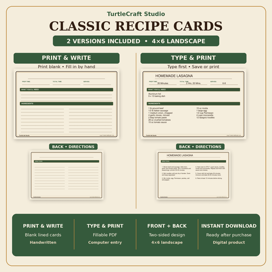 TurtleCraft Classic Recipe Cards – Print & Write + Type & Print 4×6 Set - TurtleCraft Studio | TurtleCraft Studio