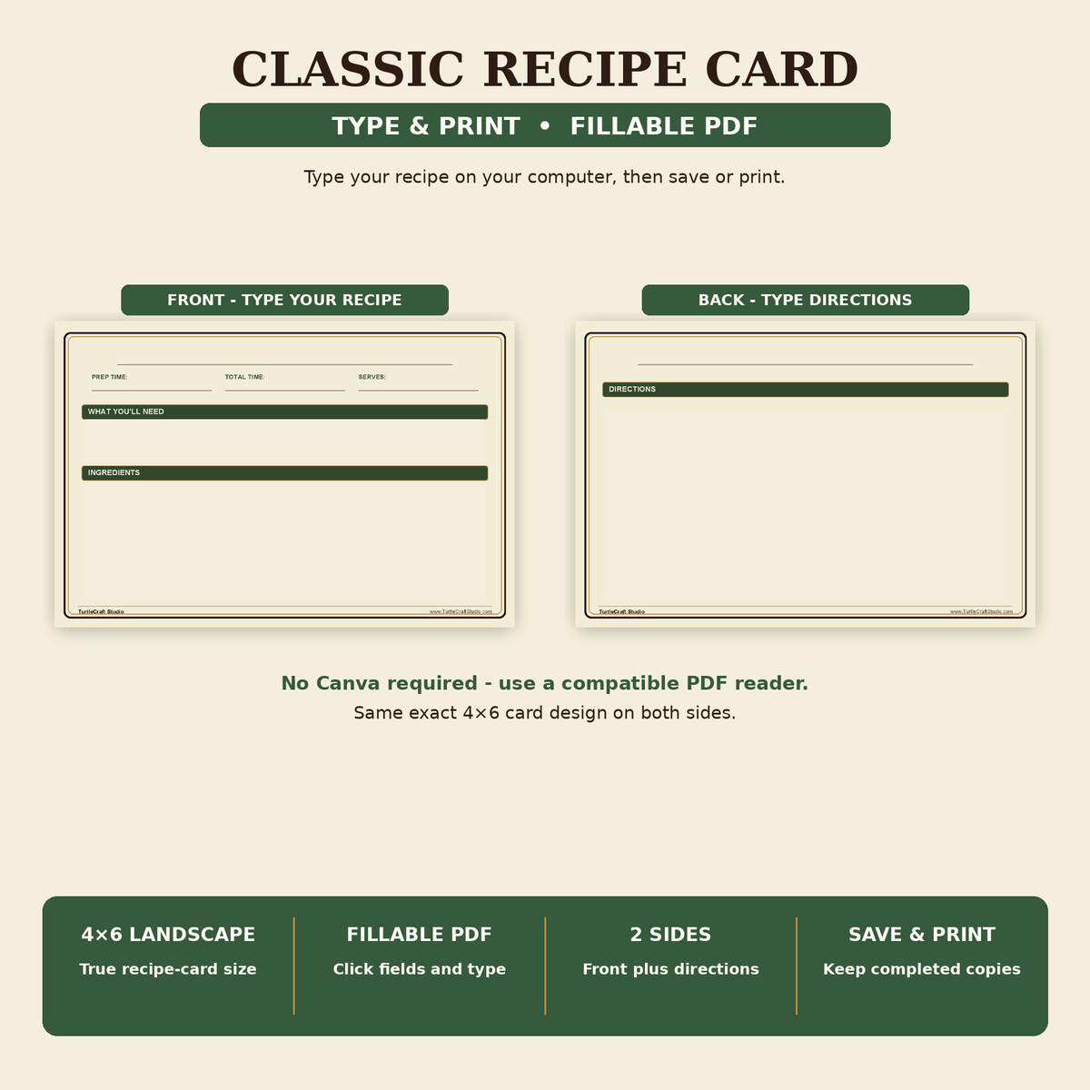 TurtleCraft Classic Recipe Cards – Print & Write + Type & Print 4×6 Set - TurtleCraft Studio | TurtleCraft Studio