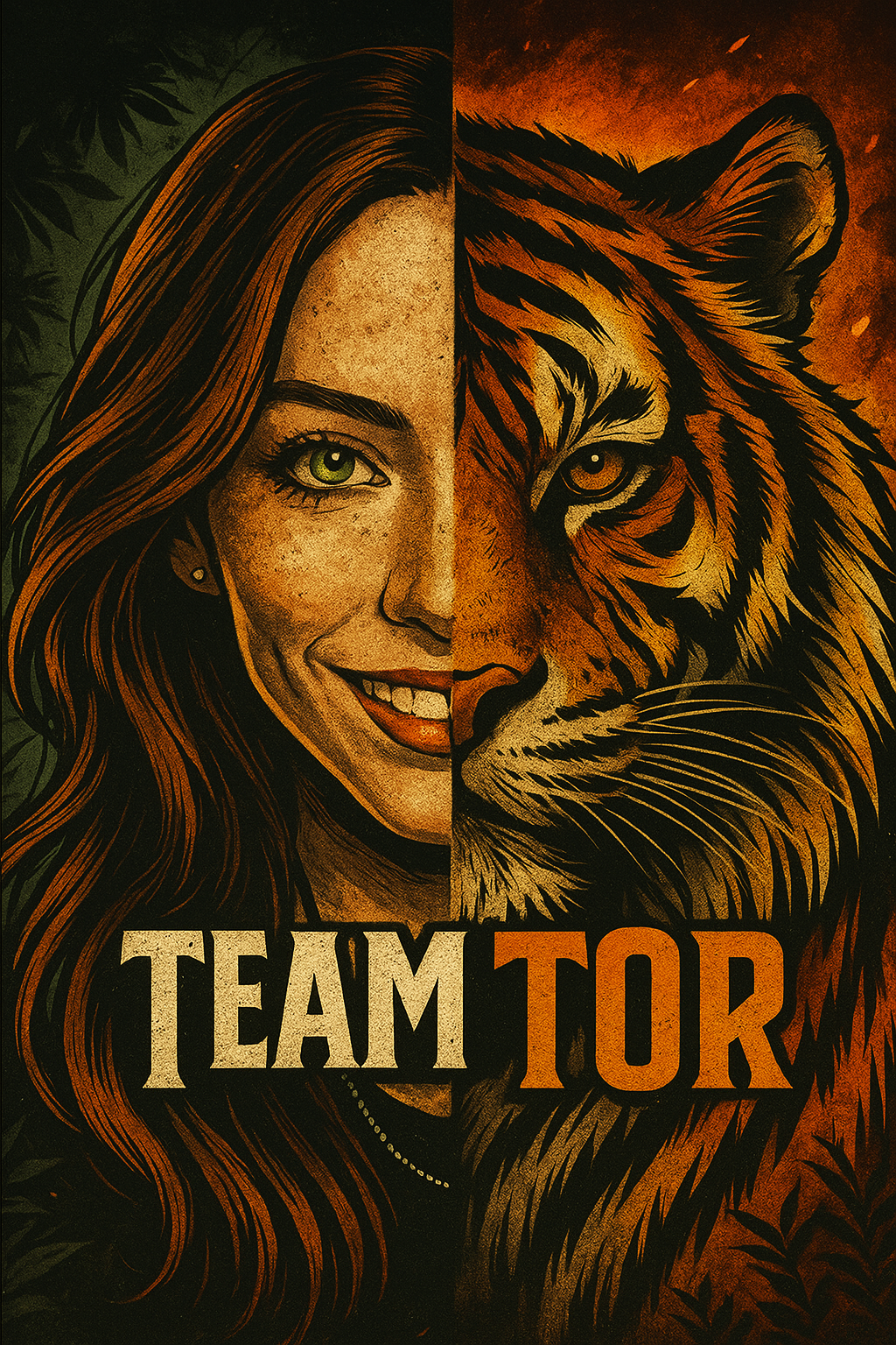 Split image of a woman's face and a tiger with 'Team Tor' text.