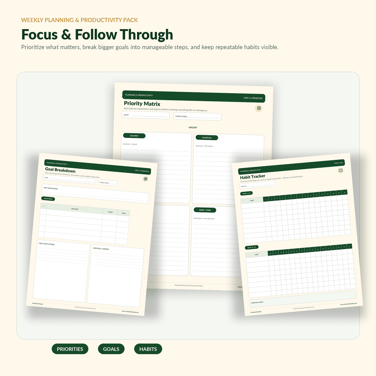 Weekly Planning & Productivity Pack - TurtleCraft Studio | TurtleCraft Studio